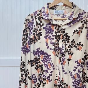 Cape Cod Match Mates Vintage Button Down Silky Blouse Leaf Berry Pattern